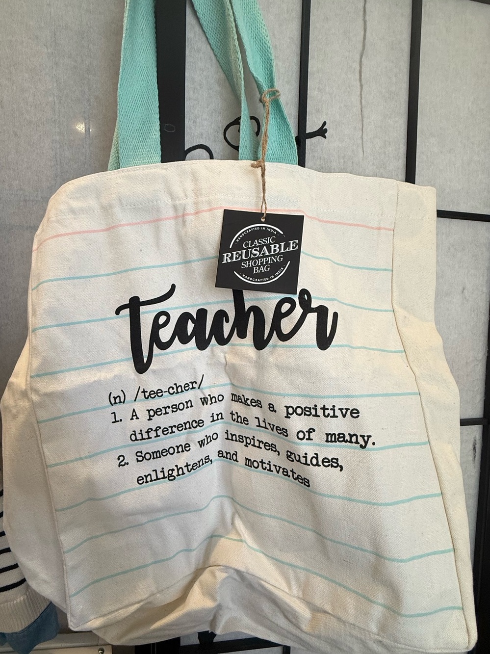 Teacher Reusable Canvas Tote Bag with Mint Handles